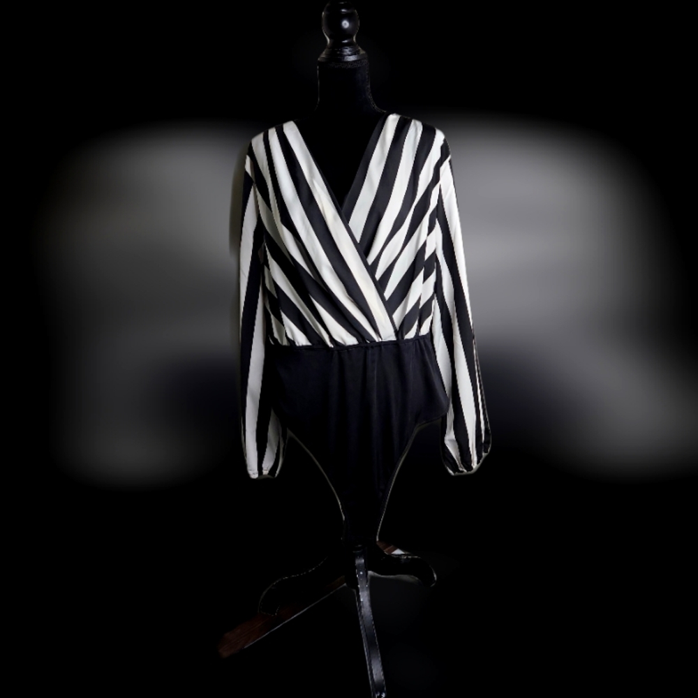 #C3 Shein Plus Size Black & White Striped Bodysuit